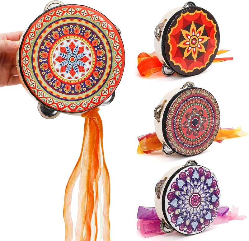 Youeon 4 Pack 6 Inch Colorful Tambourine with Single Row Jingles and Ribbons, Small Wooden Hand Held Drum, Percussion Gift, Tambourines for Adults, Dance, Photo Prop - Image 4